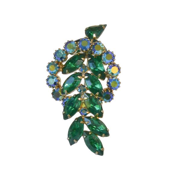 1960s Emerald Green Aurora Borealis Rhinestones Gold Plated Leaf Brooch Pin - Picture 2 of 4